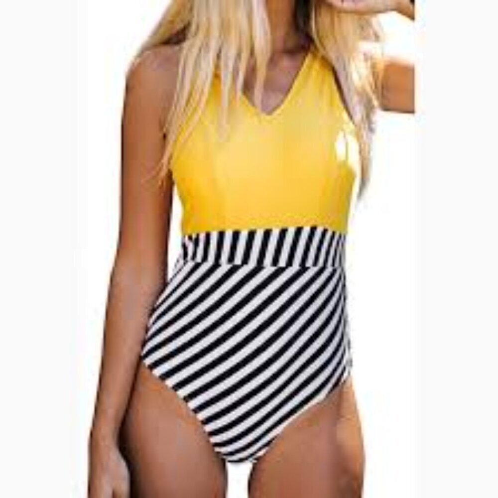 ✅Cupshe Yellow V Neck Striped Bottom One Piece Swimsuit Bathing Suit Size MEDIUM